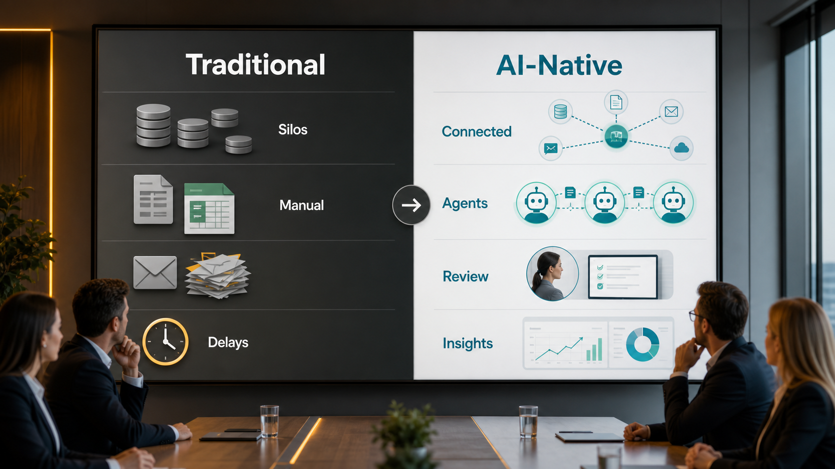 Traditional business operations compared with AI-native operations showing silos manual work delays connected systems agents review and insights