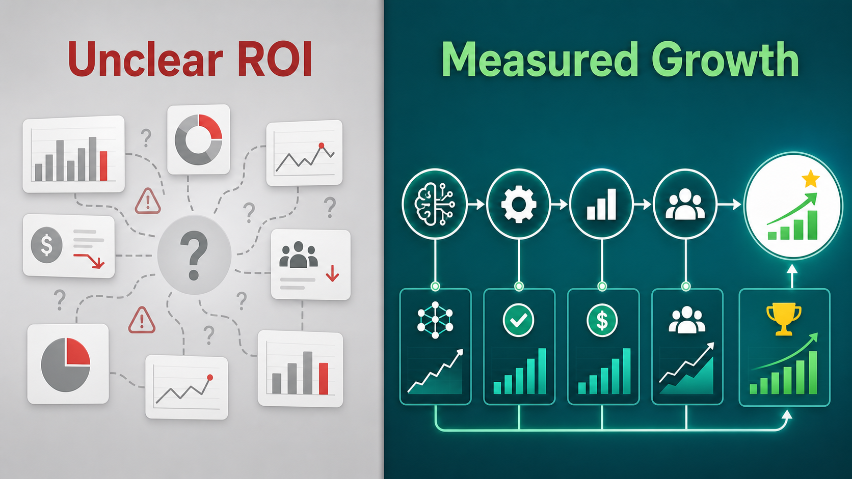 Comparison of unclear AI ROI tracking versus measured business growth after AI implementation