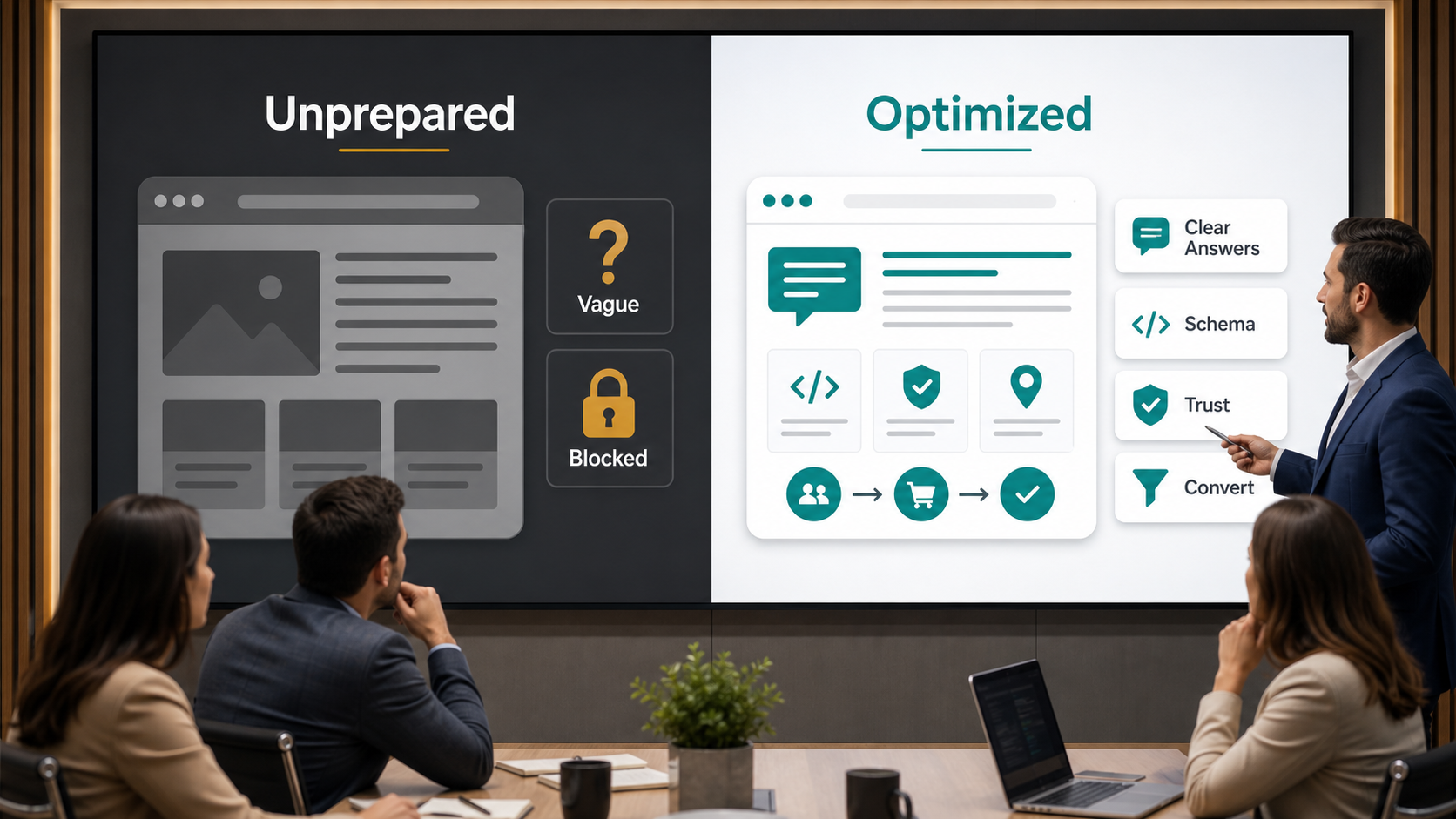 Unprepared website compared with AI search optimized website showing vague blocked pages versus clear answers schema trust and conversion paths